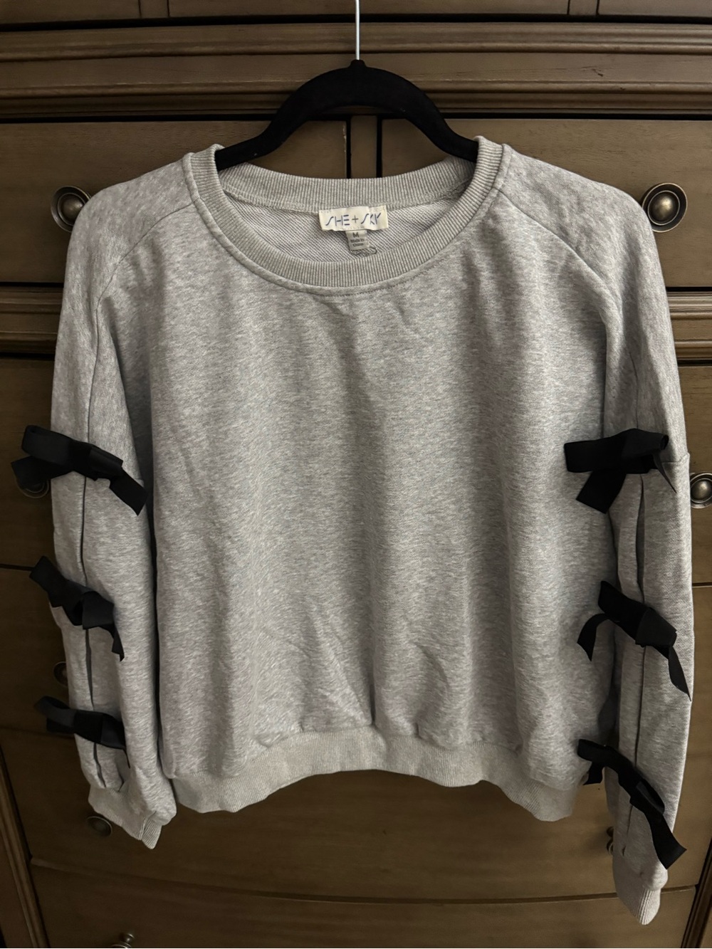 She + Sky Gray Crewneck Sweatshirt with Black Sleeve Bows